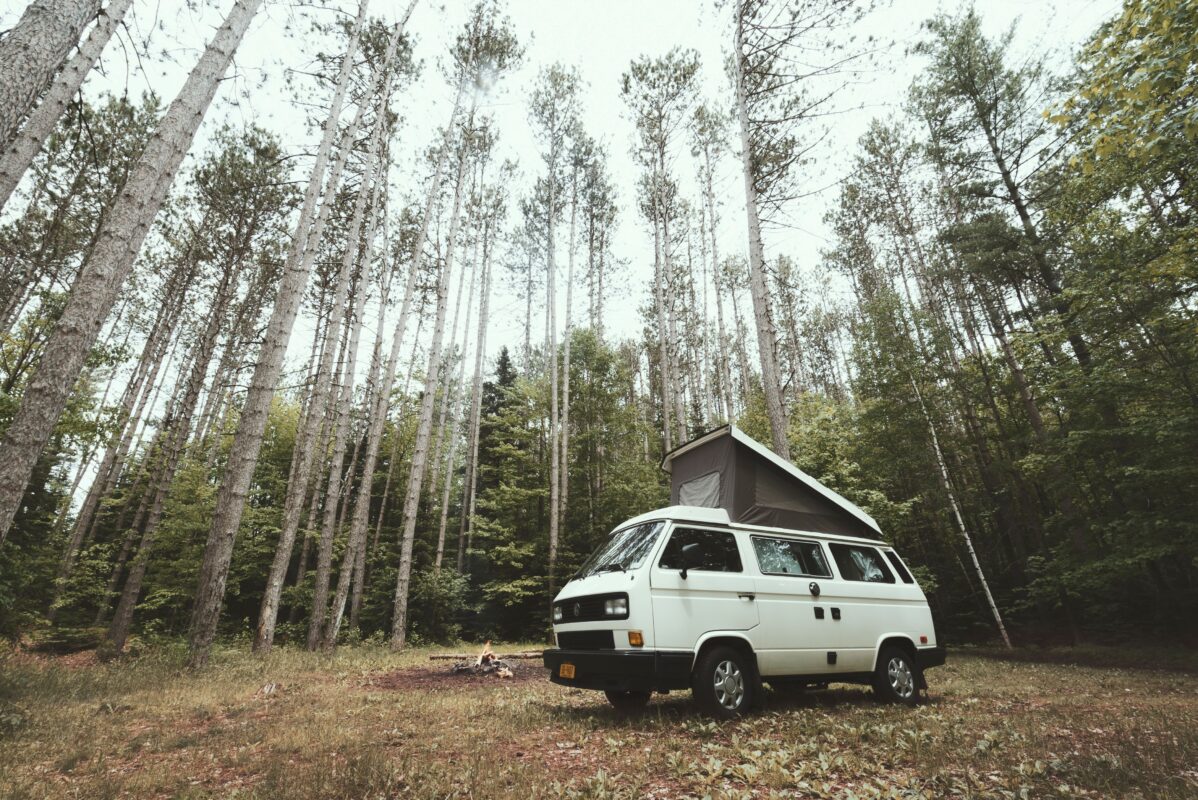 Off-grid campervan in a wooded campsite